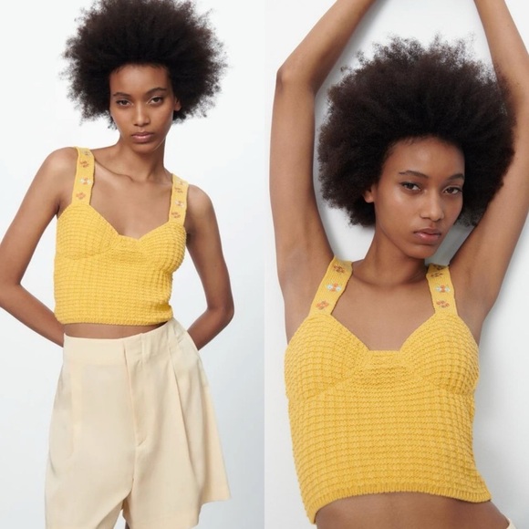 Zara Yellow Embroidered Floral V-Neck Sleeveless Knit Cropped Tank Top m - Picture 1 of 4
